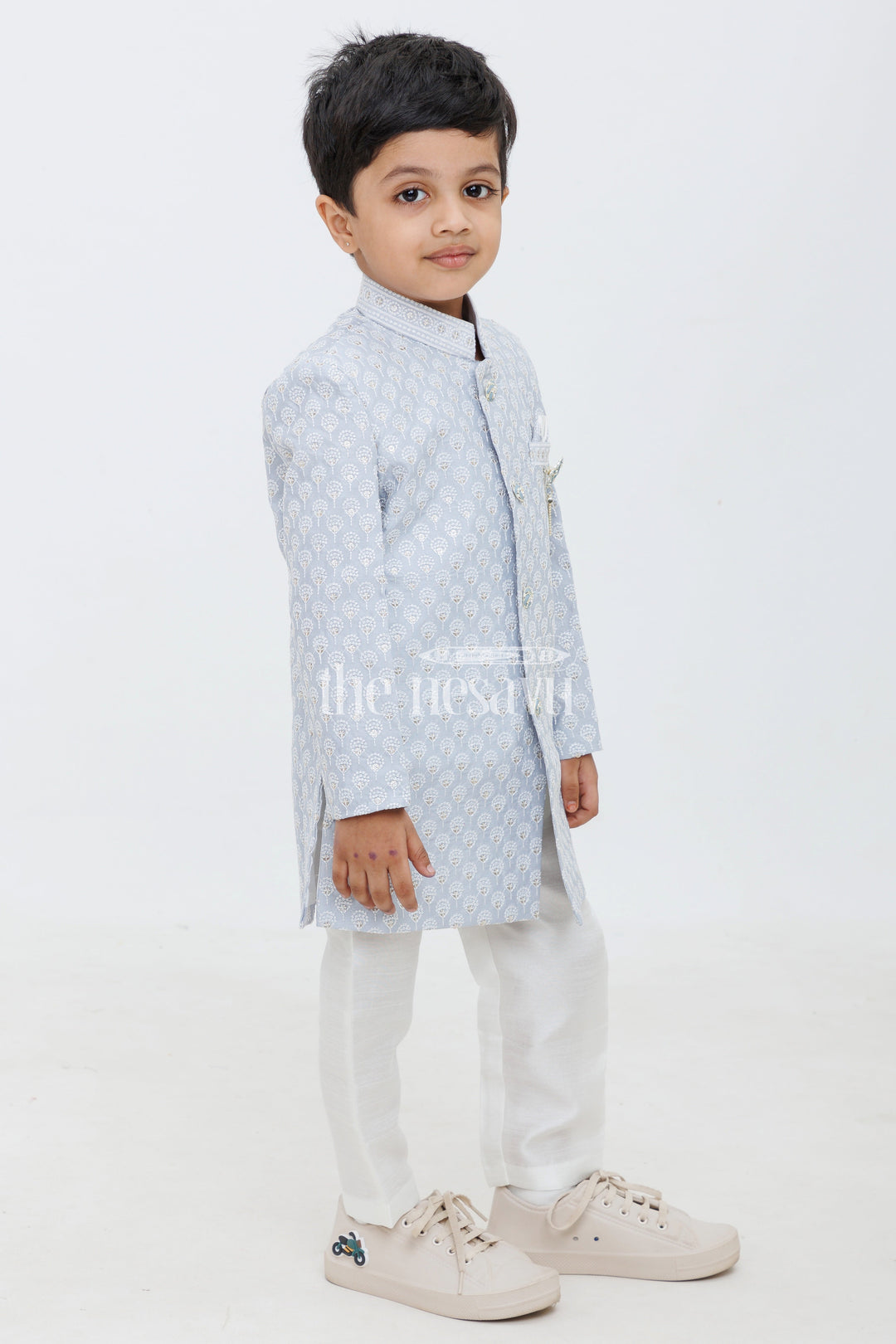The Nesavu Boys Sherwani Blue and Cream Boys Sherwani Set with Jacquard Kurta Nesavu Blue Boys Sherwani Set Jacquard Kurta Cream Pants Weddings