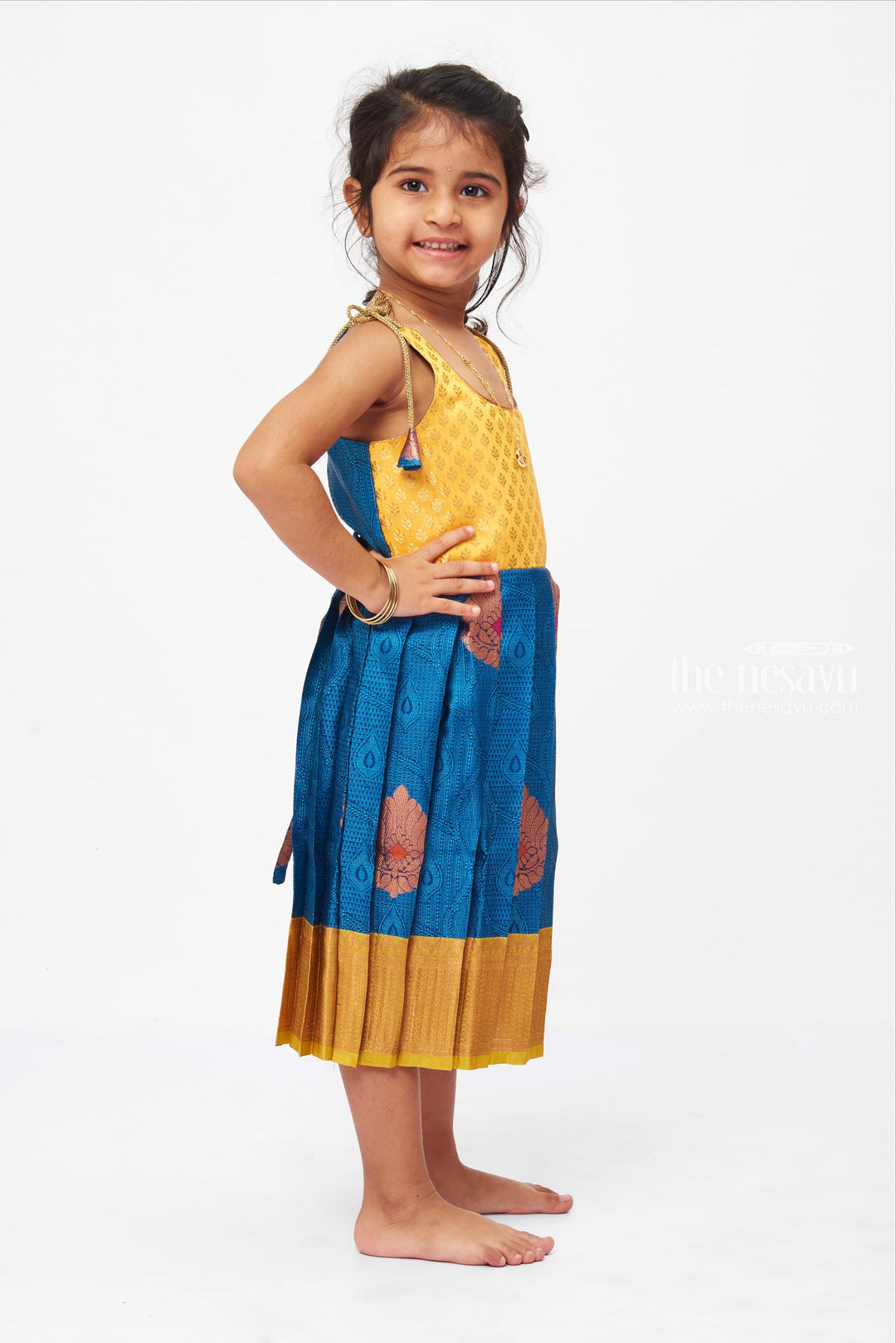 The Nesavu Tie-up Frock Blue And Green Banaras Silk Tie-Up Frocks For Little Girls Nesavu Best Silk Frocks Tie-Up Models 2023| Latest Designs| The Nesavu