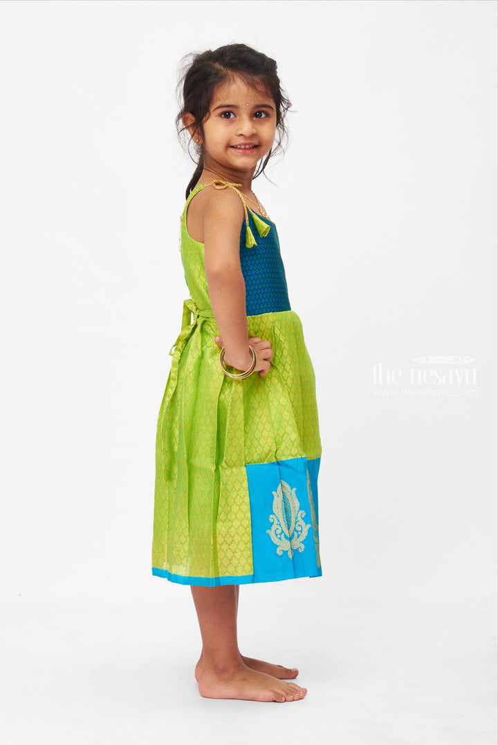 The Nesavu Tie-up Frock Blue And Green Brocade Semi-Silk Tie-Up Frocks For Baby Girls Nesavu Ethnic Tie-up Silk Frocks| Festive Wear Collection| The Nesavu