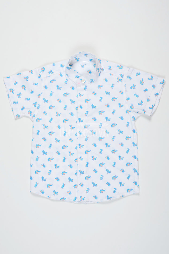 The Nesavu Boys Cotton Shirt Blue Beach Shirt for Boys with Fun Dino Print Half Sleeves Lightweight Cotton Fabric Nesavu 16 (1Y) / Blue BS194A-16 Blue Dino Print Boys Cotton Beach Shirt Nesavu Fun Half Sleeves Lightweight Casual Wear Summer