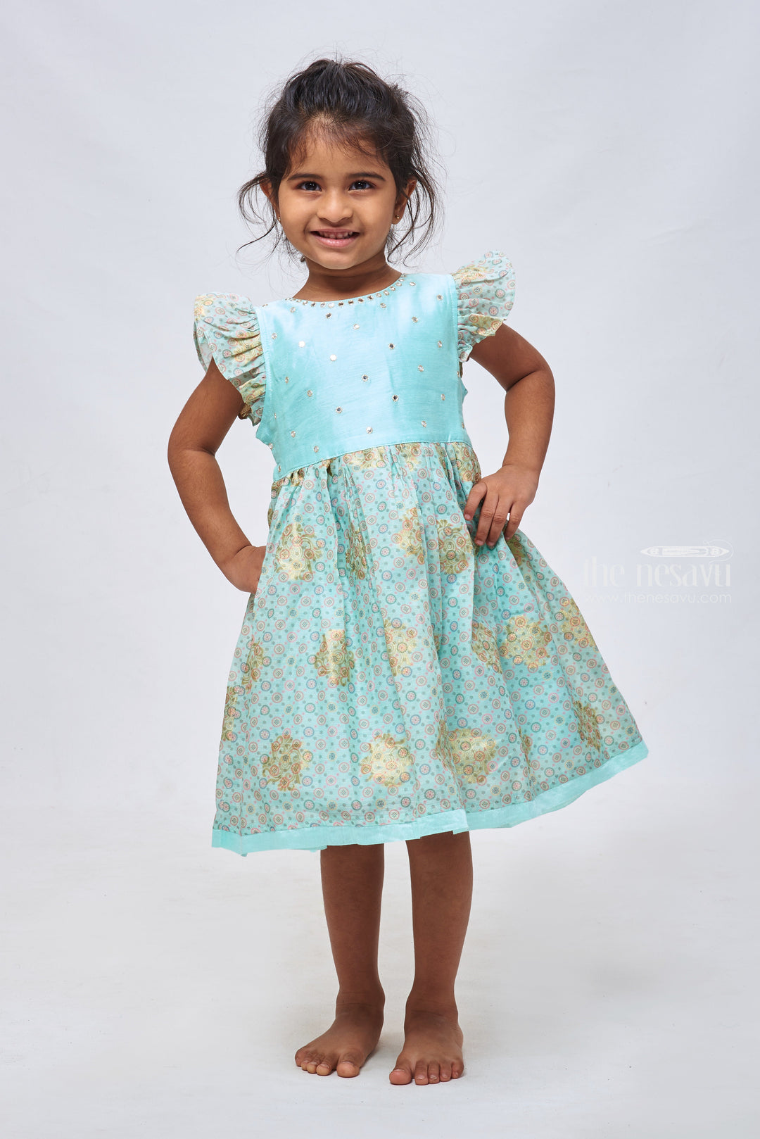 The Nesavu Girls Cotton Frock Blue Beauty: Girls Gota Mirror Embroidered Chanderi Frock Nesavu 16 (1Y) / Blue / Chanderi GFC1151A-16 Exclusive Collection: Designer Chanderi Frocks & Dresses for Babies | The Nesavu