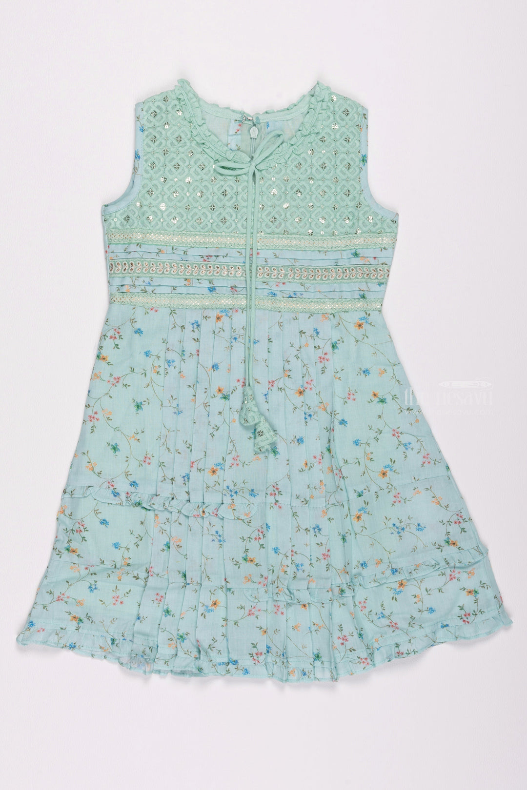 The Nesavu Girls Cotton Frock Blue Bling: Sequin Embroidered Floral Printed Pleated Blue Cotton Frock for Girls Nesavu 22 (4Y) / Blue / Cotton GFC1156B-22 Chic & Trendy: Discover Beautiful Cotton Frocks for Baby Girls