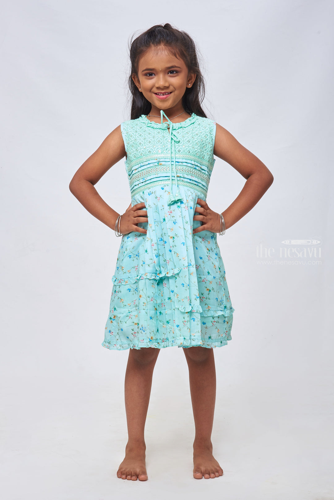The Nesavu Girls Cotton Frock Blue Bling: Sequin Embroidered Floral Printed Pleated Blue Cotton Frock for Girls Nesavu 22 (4Y) / Blue / Cotton GFC1156B-22 Chic & Trendy: Discover Beautiful Cotton Frocks for Baby Girls
