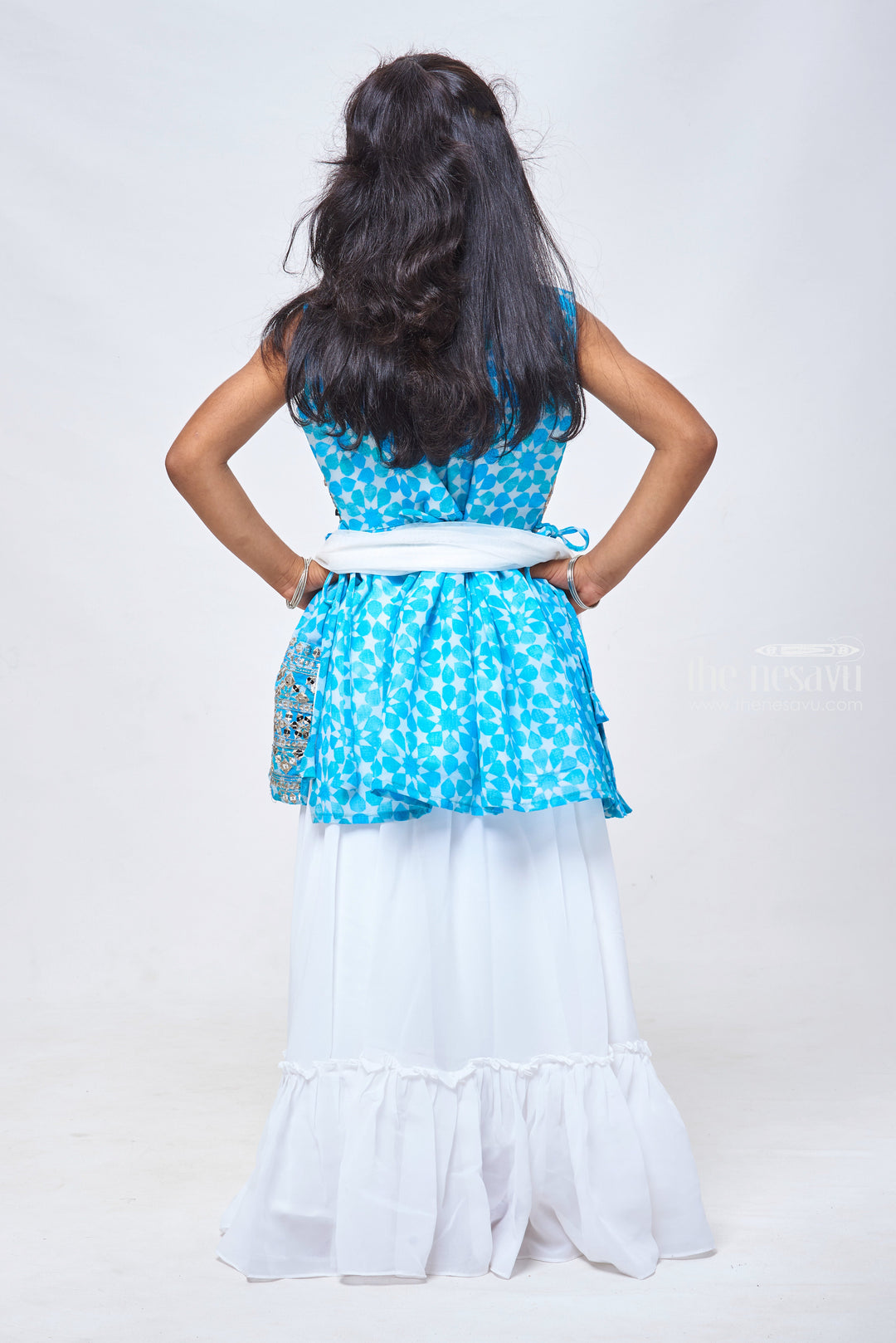 The Nesavu Girls Lehenga Choli Blue Bloom: Sequin Embroidered Floral Designer Blue Kurti & Lehenga Set with Dupatta for Girls Nesavu Baby Girl Lehenga Dress | Traditional Lehenga Choli with Dupatta Set | The Nesavu
