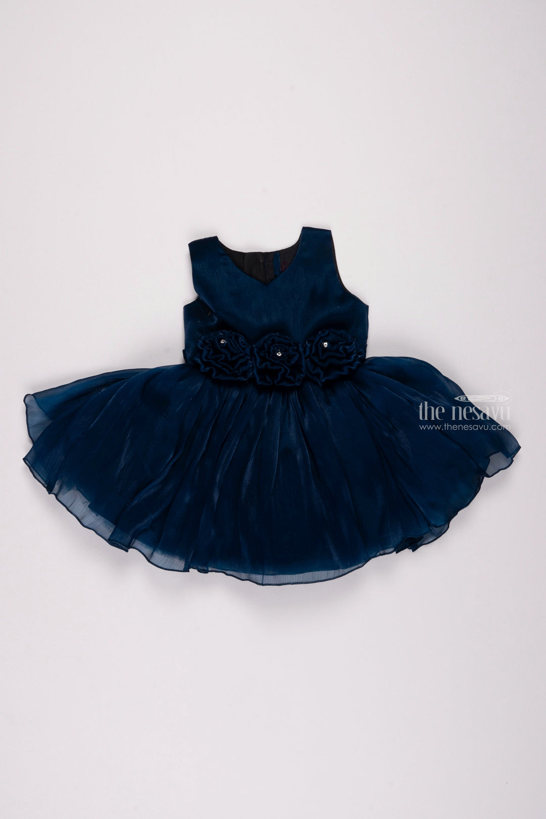 The Nesavu Girls Fancy Party Frock Blue Blossom: Charming Fabric Flower Applique on Pleated Organza Party Dress Nesavu 16 (1Y) / Blue / Organza PF146A-16 Trendy Organza Party Dresses: Exclusive Baby Girl Frock Designs | The Nesavu
