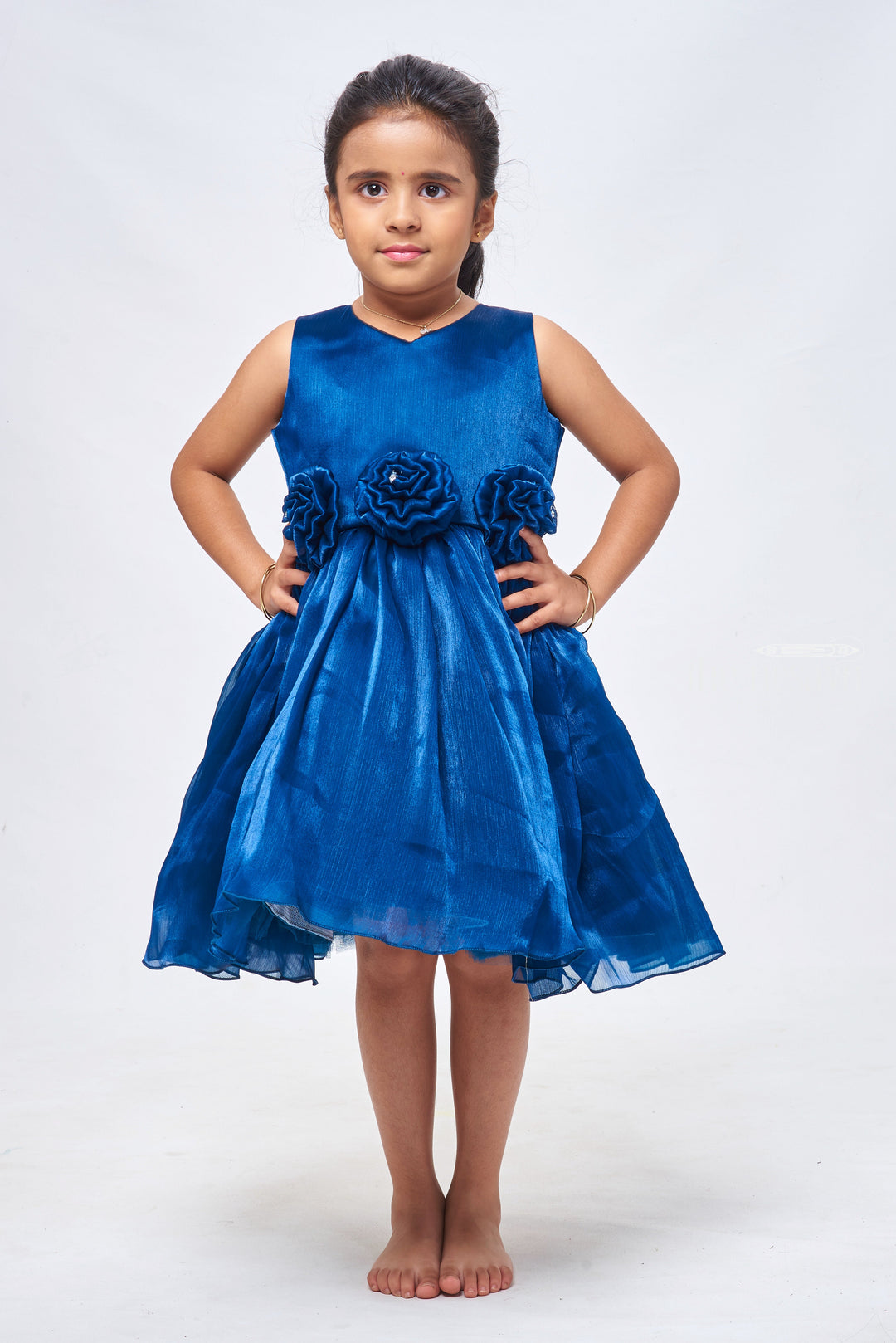 The Nesavu Girls Fancy Party Frock Blue Blossom: Charming Fabric Flower Applique on Pleated Organza Party Dress Nesavu 16 (1Y) / Blue / Organza PF146A-16 Trendy Organza Party Dresses: Exclusive Baby Girl Frock Designs | The Nesavu