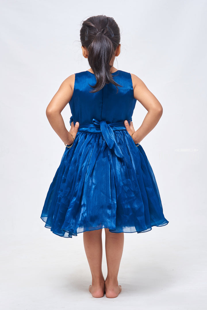 The Nesavu Girls Fancy Party Frock Blue Blossom: Charming Fabric Flower Applique on Pleated Organza Party Dress Nesavu Trendy Organza Party Dresses: Exclusive Baby Girl Frock Designs | The Nesavu