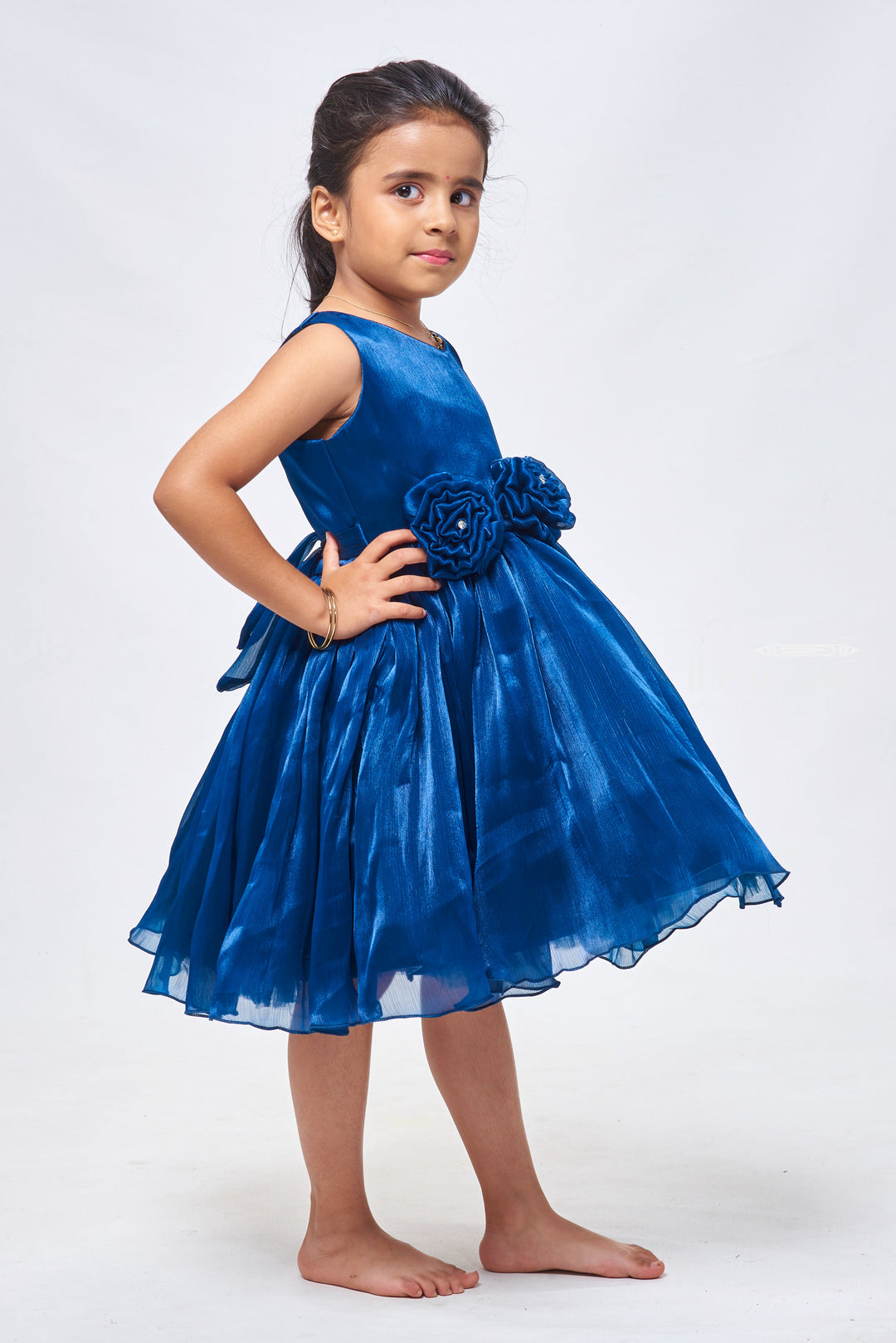 The Nesavu Girls Fancy Party Frock Blue Blossom: Charming Fabric Flower Applique on Pleated Organza Party Dress Nesavu Trendy Organza Party Dresses: Exclusive Baby Girl Frock Designs | The Nesavu