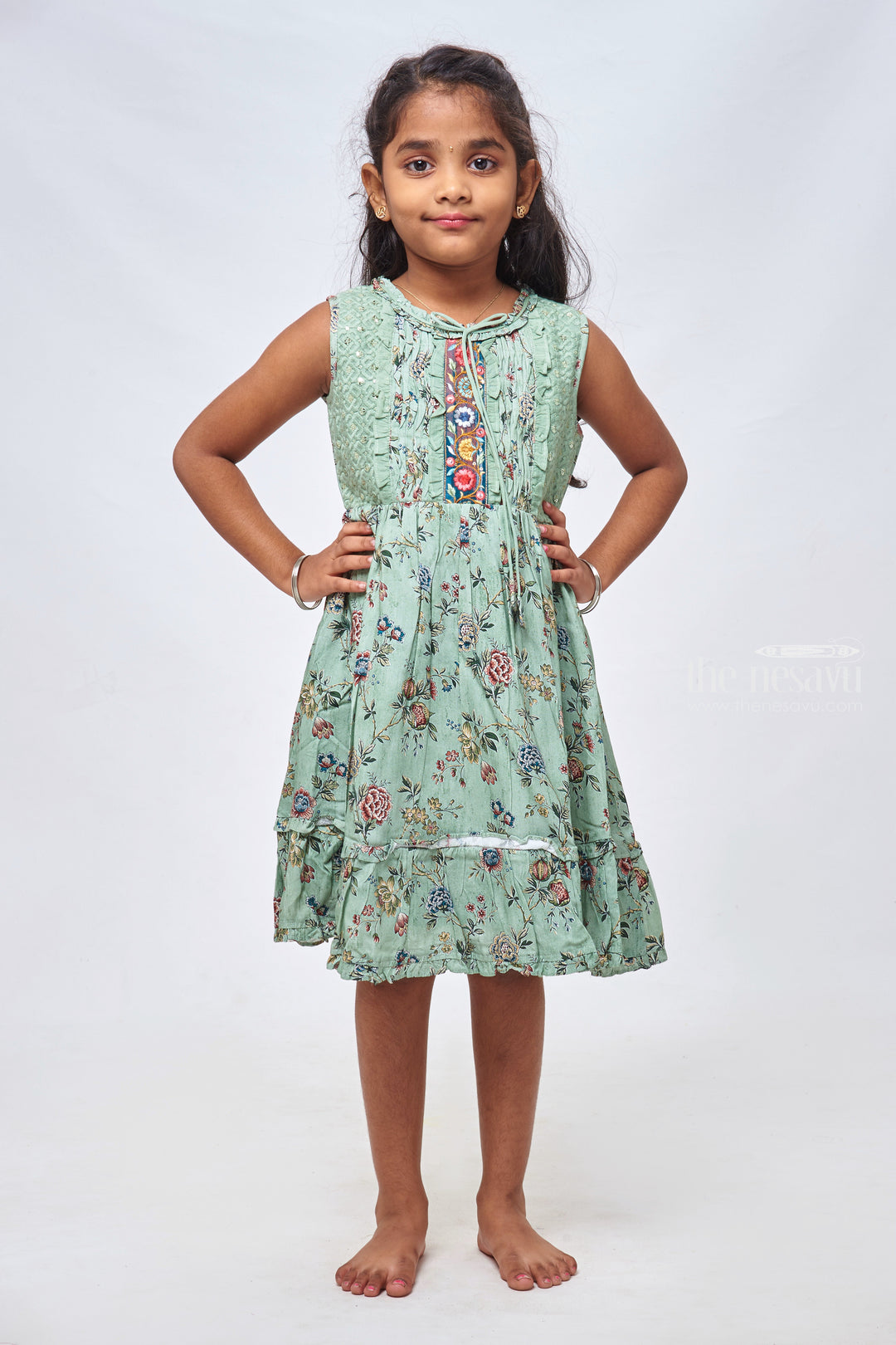 The Nesavu Girls Cotton Frock Blue Blossom: Girls Sleeveless Floral Cotton Frock Nesavu 22 (4Y) / Blue / Cotton GFC1147B-22 Unique Baby Frocks: Find the Perfect Cotton Dress for Every Occasion | The Nesavu