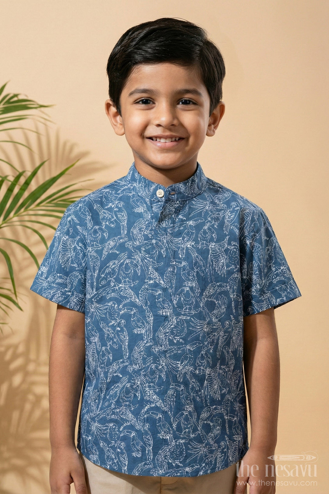 The Nesavu Boys Cotton Shirt Blue Boys Cotton Half Jeans Shirt with Bird Print Half Sleeves Casual and Stylish Nesavu 16 (1Y) / Blue BS189A-16 Blue Bird Print Boys Cotton Half Jeans Shirt Nesavu Trendy Half Sleeves Casual Wear Family Outings