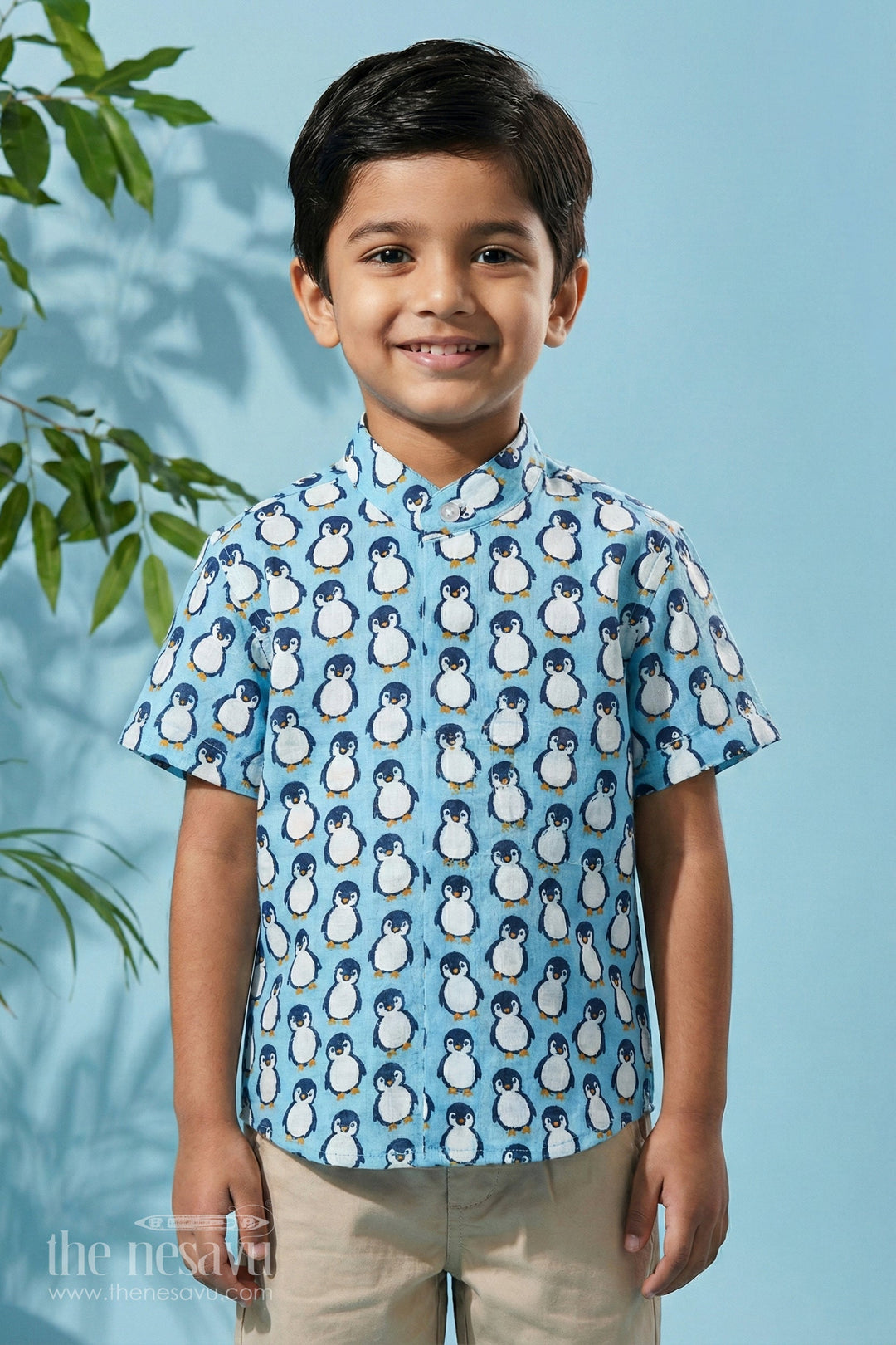 The Nesavu Boys Cotton Shirt Blue Boys Cotton Shirt with Penguin Print Half Sleeves Fun Design Easy Care Nesavu 16 (1Y) / Blue BS186A-16 Blue Penguin Print Boys Cotton Shirt Nesavu Fun Half Sleeve Design Playdates Casual Wear