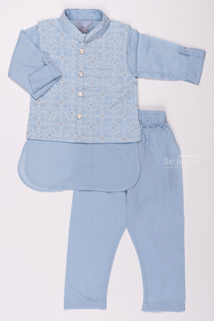 The Nesavu Boys Jacket Sets Blue Brilliance: Chic Tile Print Overcoat & Blue Kurta with Coordinated Pant for Boys. Nesavu 12 (3M) / Blue / Cotton BES392B-12 Boys Wedding Kurta Pyjama | Elegant Festive Wear | The Nesavu