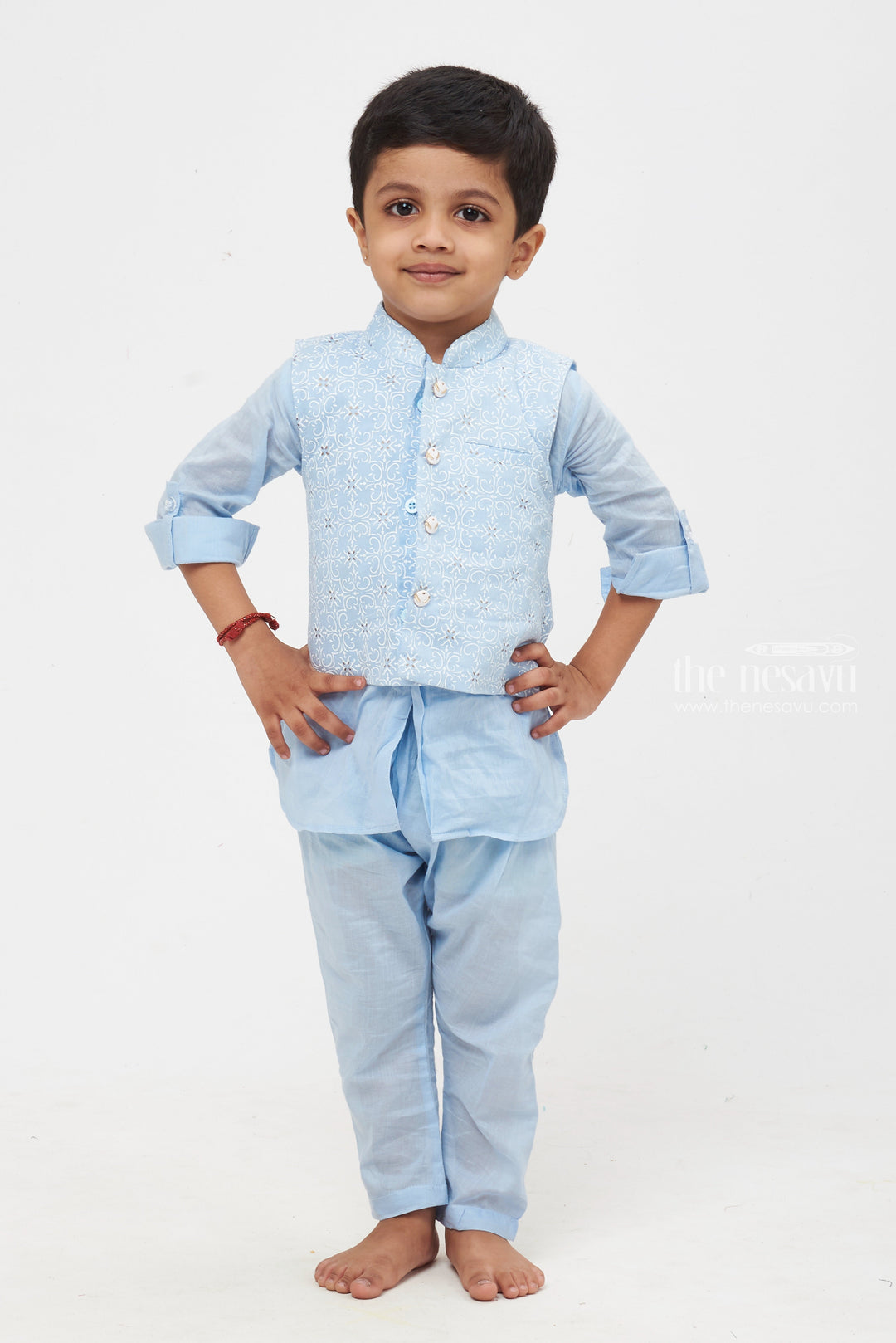 The Nesavu Boys Jacket Sets Blue Brilliance: Chic Tile Print Overcoat & Blue Kurta with Coordinated Pant for Boys. Nesavu Boys Wedding Kurta Pyjama | Elegant Festive Wear | The Nesavu