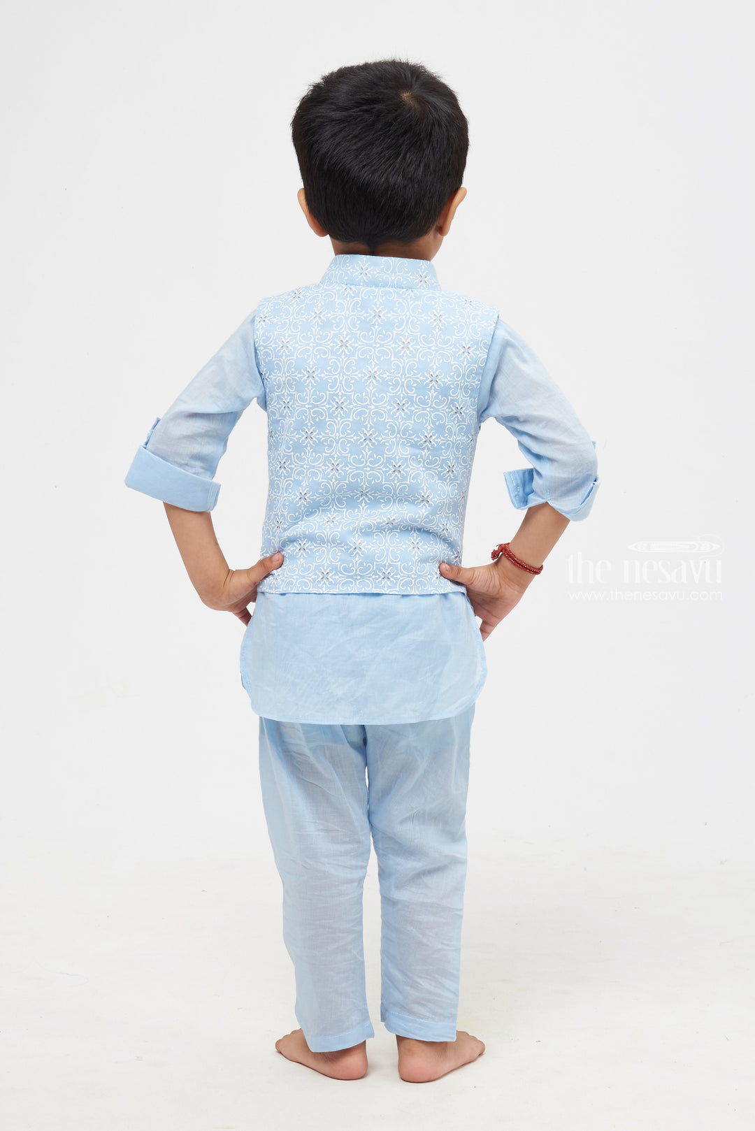 The Nesavu Boys Jacket Sets Blue Brilliance: Chic Tile Print Overcoat & Blue Kurta with Coordinated Pant for Boys. Nesavu Boys Wedding Kurta Pyjama | Elegant Festive Wear | The Nesavu