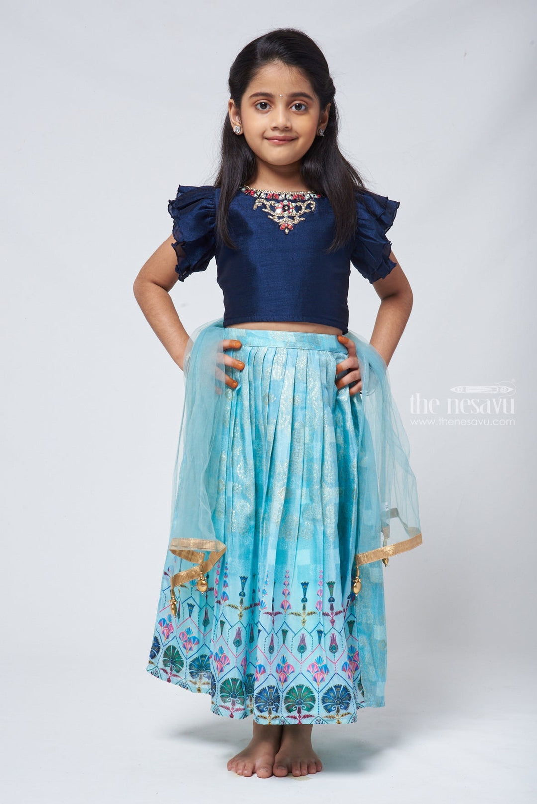 The Nesavu Lehenga & Ghagra Blue Brilliance Jaquard Pleats in Chanderi Lehenga Gaghra for Young Starlets Nesavu 16 (1Y) / Blue / Chanderi GL359A-16 Chanderi Lehenga Gaghra For Young | Langa Voni For Girls | The Nesavu