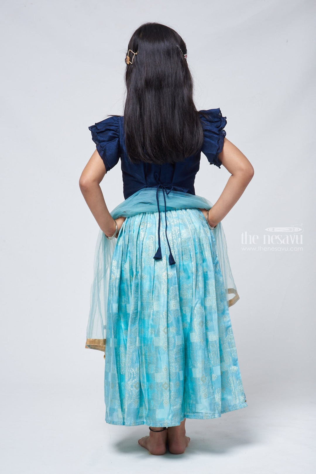 The Nesavu Lehenga & Ghagra Blue Brilliance Jaquard Pleats in Chanderi Lehenga Gaghra for Young Starlets Nesavu Chanderi Lehenga Gaghra For Young | Langa Voni For Girls | The Nesavu