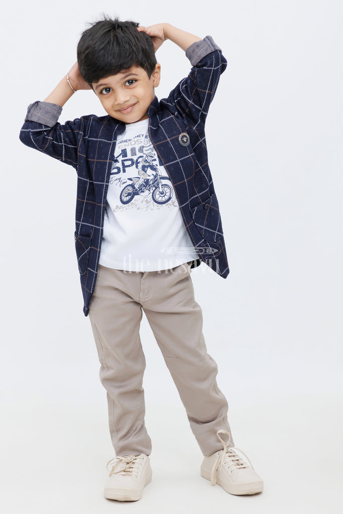 Blue Checked Boys Blazer Set with T-Shirt and Pants Nesavu – The