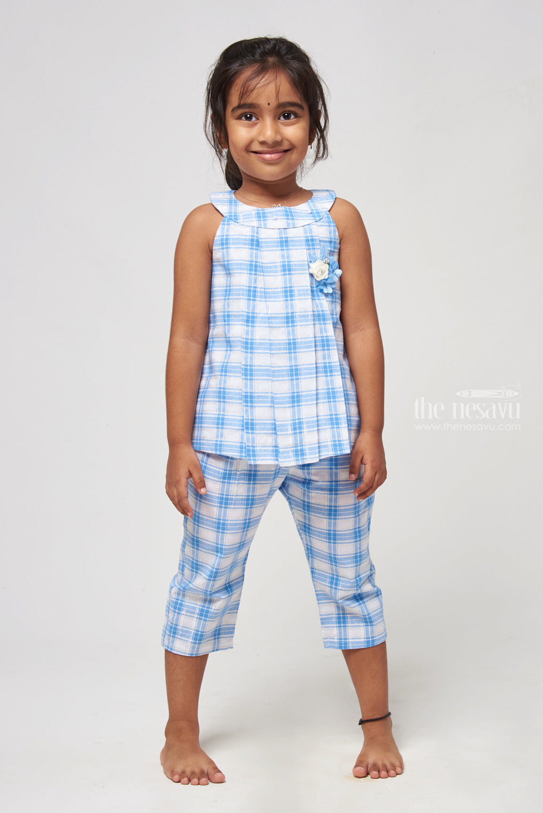 The Nesavu Baby Frock / Jhabla Blue Checkered Halter Top & Pant Set for Young Fashionistas Nesavu 18 (2Y) / Blue BFJ433A-18 Trendy baby frock designs | Baby Frocks Casuals | The Nesavu