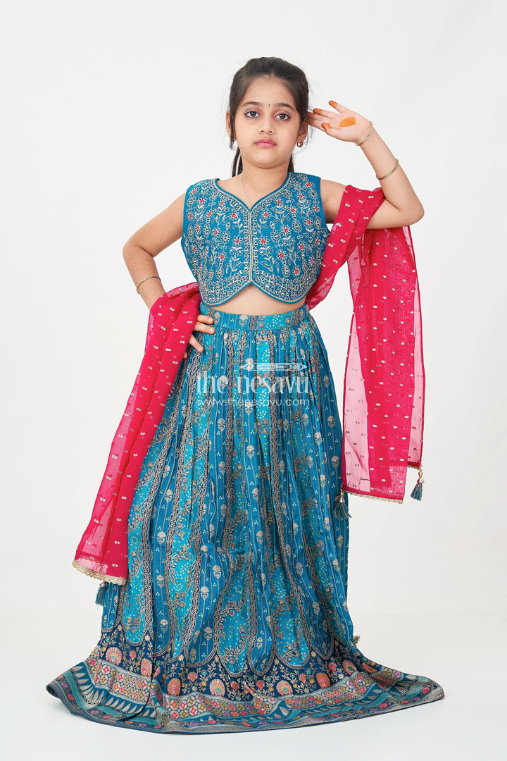The Nesavu Girls Lehenga Choli Blue Color Lehenga Choli for Girls in Pure Viscose Silk with Mirror Embroidery and Printed Dupatta Nesavu 24 (5Y) / Blue GL625A-24 Nesavu Blue Color Lehenga Choli for Girls in Pure Viscose Silk with Mirror Embroidery and Printed Dupatta