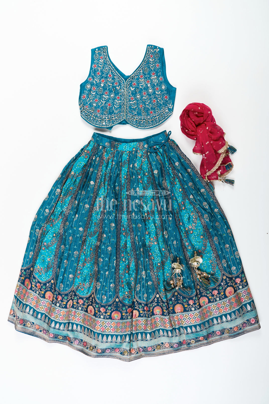 The Nesavu Girls Lehenga Choli Blue Color Lehenga Choli for Girls in Pure Viscose Silk with Mirror Embroidery and Printed Dupatta Nesavu Nesavu Blue Color Lehenga Choli for Girls in Pure Viscose Silk with Mirror Embroidery and Printed Dupatta