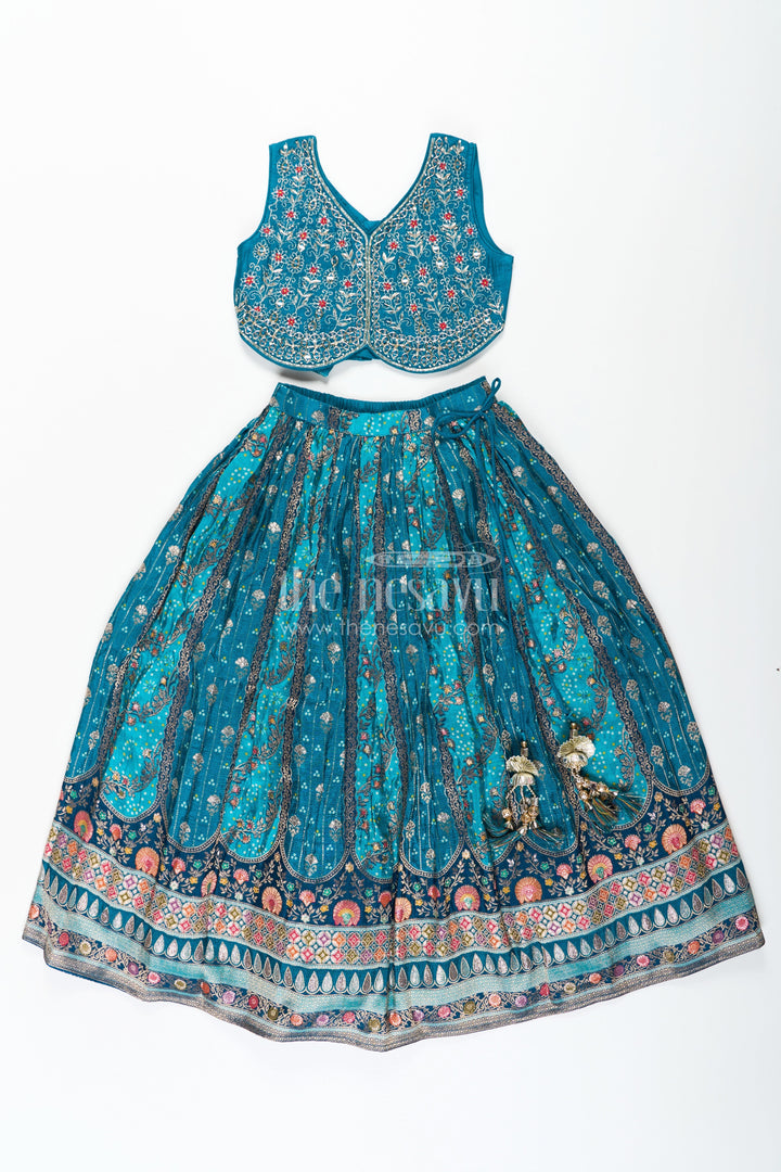The Nesavu Girls Lehenga Choli Blue Color Lehenga Choli for Girls in Pure Viscose Silk with Mirror Embroidery and Printed Dupatta Nesavu Nesavu Blue Color Lehenga Choli for Girls in Pure Viscose Silk with Mirror Embroidery and Printed Dupatta