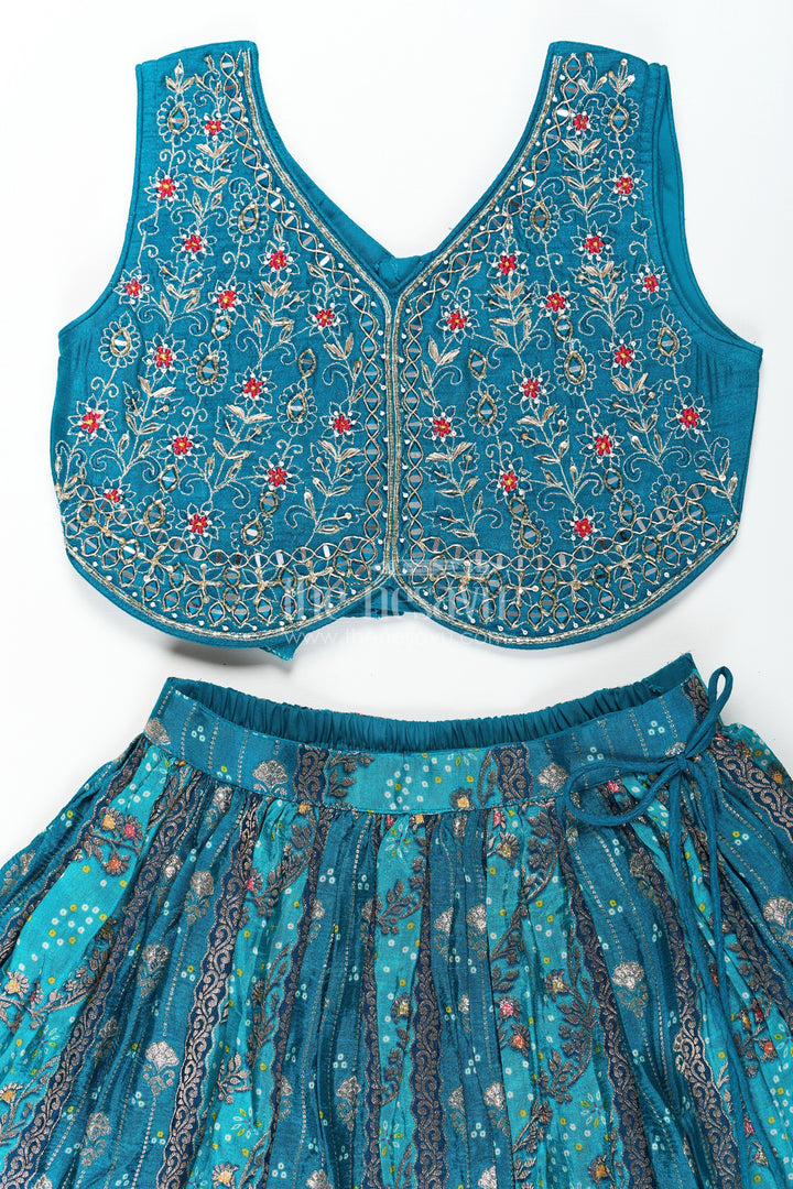 The Nesavu Girls Lehenga Choli Blue Color Lehenga Choli for Girls in Pure Viscose Silk with Mirror Embroidery and Printed Dupatta Nesavu Nesavu Blue Color Lehenga Choli for Girls in Pure Viscose Silk with Mirror Embroidery and Printed Dupatta