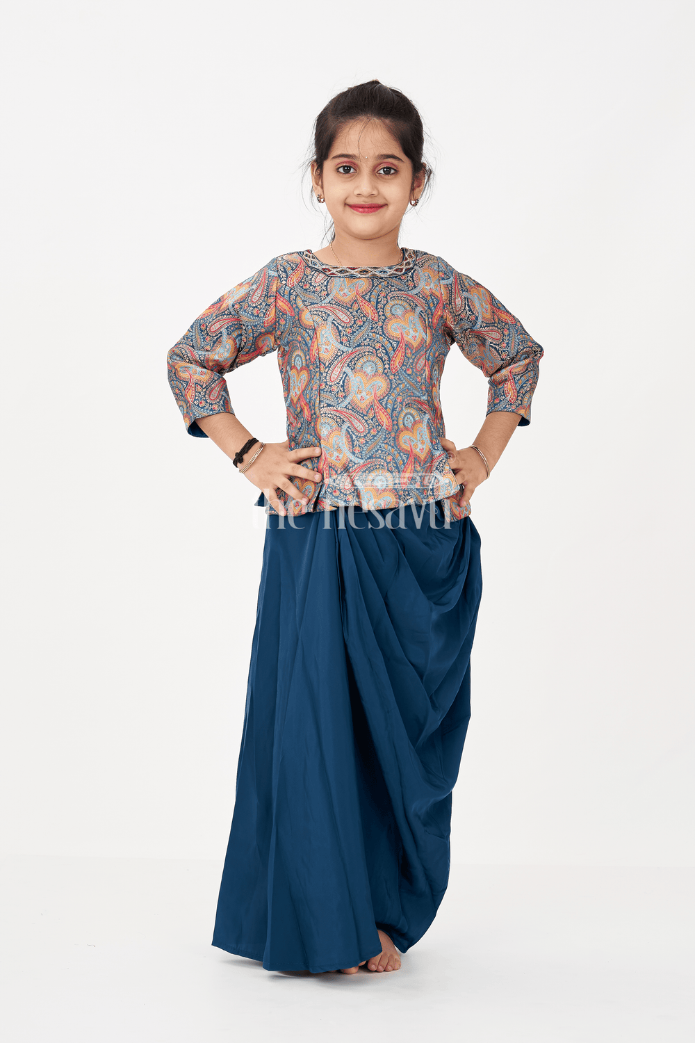 The Nesavu Girls Lehenga Choli Blue Colour Lehenga Girls Set in Glaze Organza with Paisley Digital Print and Elegant Pleated Bottom Nesavu Nesavu Blue Colour Lehenga Girls Sharara Set in Glaze Organza with Paisley Print and Pleated Bottom