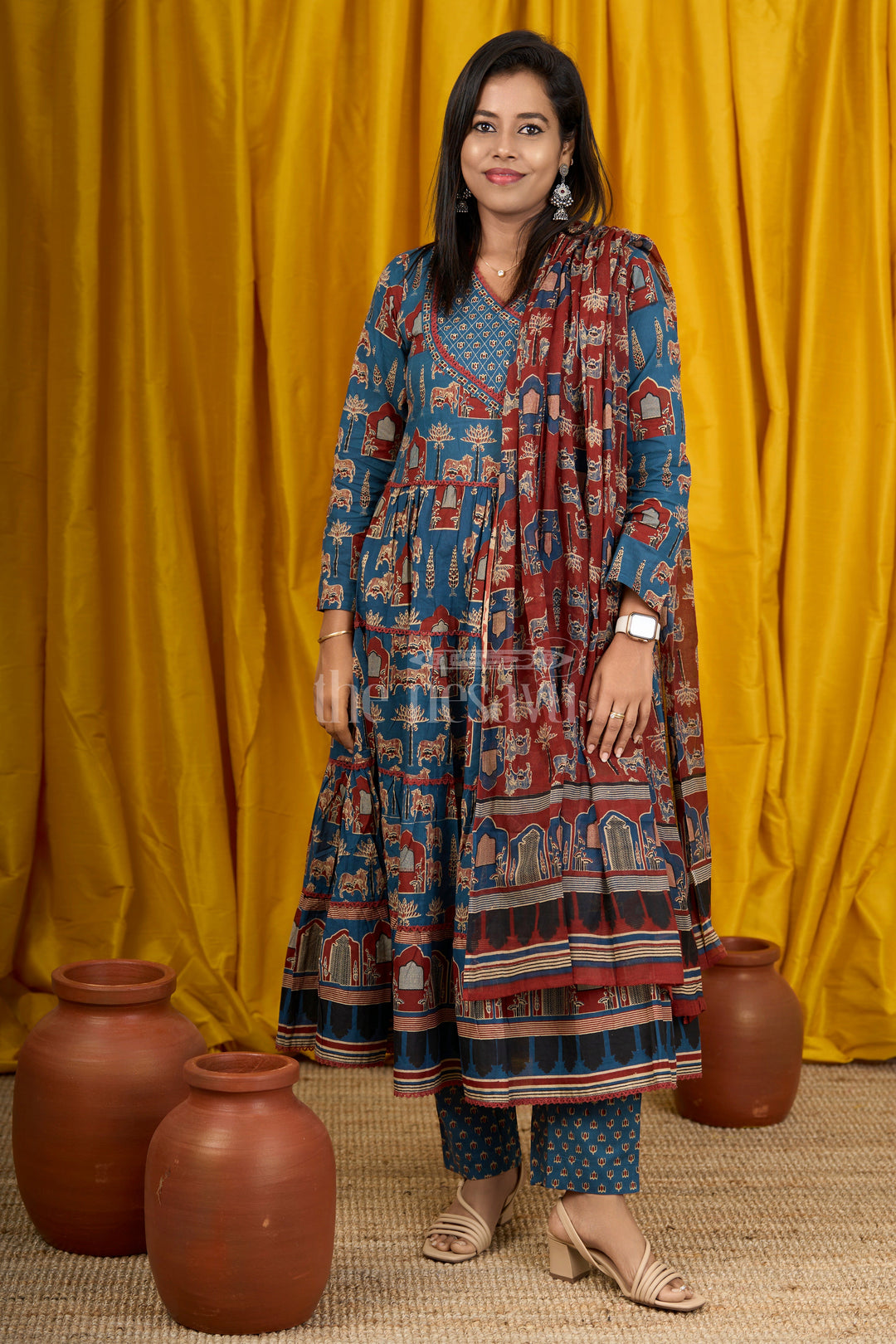 Anarkali Cotton Suits Nesavu Blue Cotton Anarkali Dress Temple