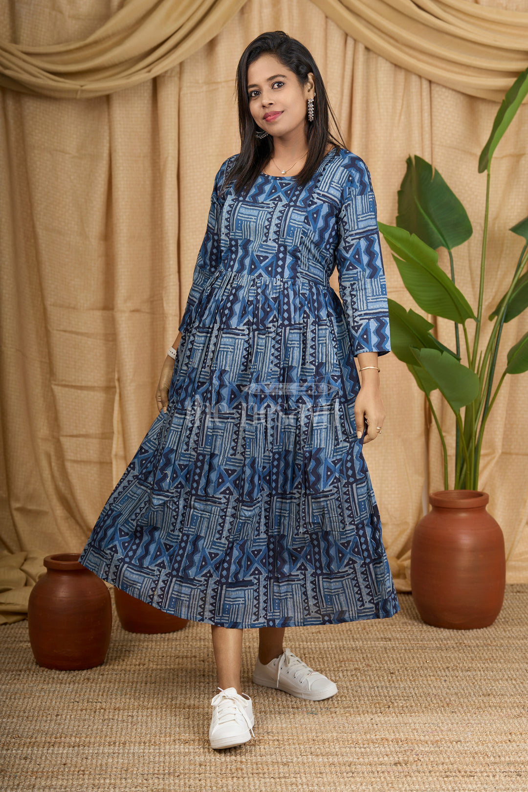 Nesavu Blue Cotton Maternity Dress Women Geometric Print – The Nesavu