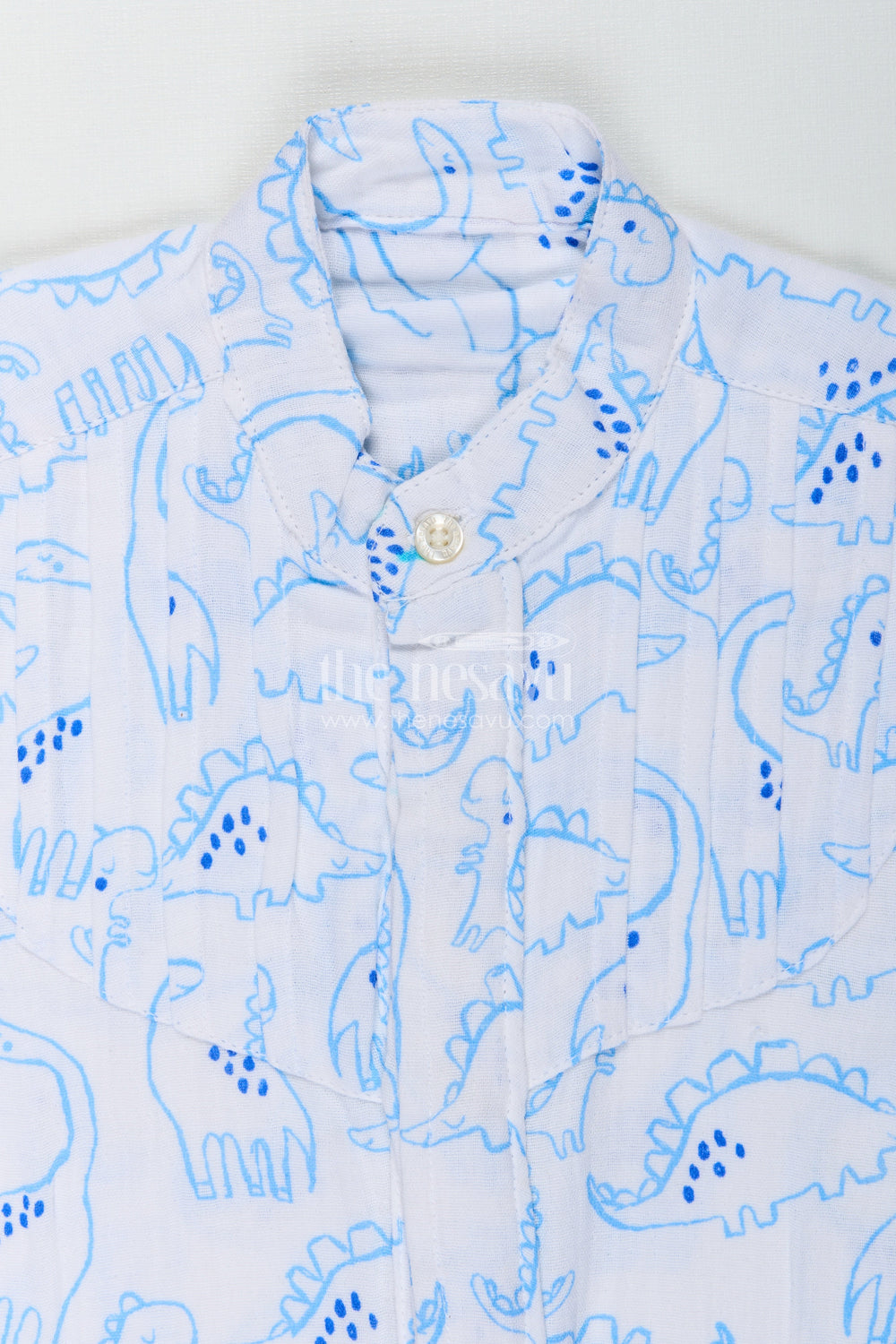 The Nesavu Boys Cotton Shirt Blue Dino Print Boys Shirt in Muslin Cotton Playful and Smart Design Nesavu Nesavu Boys Muslin Cotton Dinosaur Shirt Blue Dino Prints Lightweight Everyday Comfort