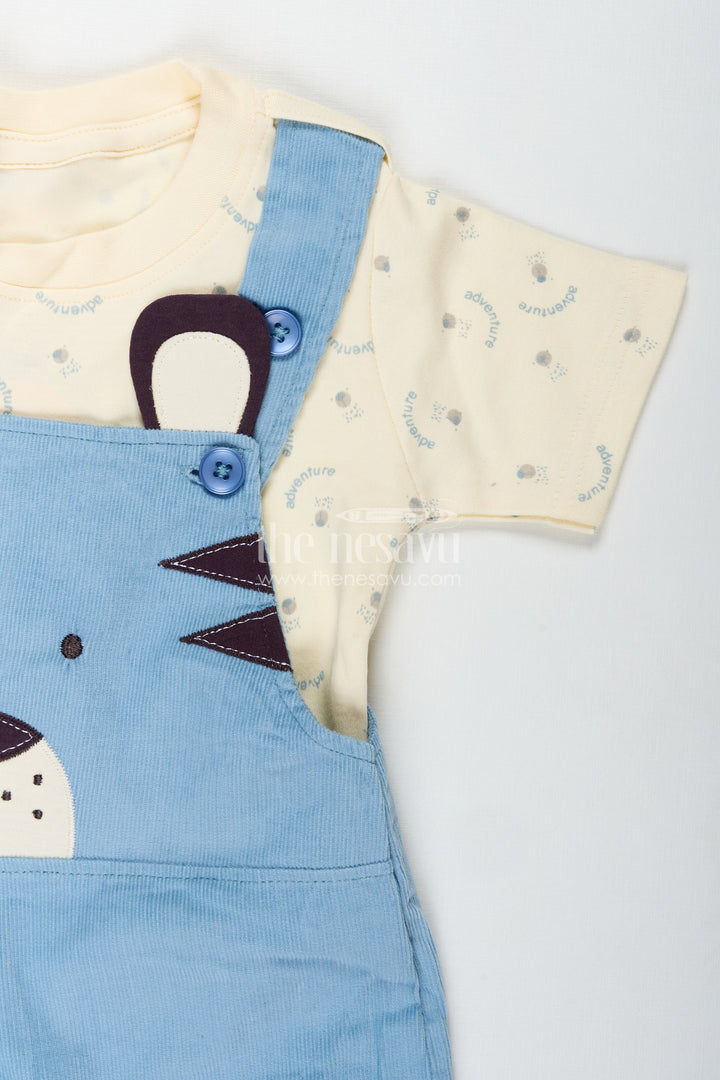 The Nesavu Boys Casual Set Blue Dungaree for Baby Boys with Animal Face Embroidery and Light Yellow Adventure Tee Nesavu Nesavu Blue Dungaree Baby Boys Corduroy Overalls Adventure Print T-Shirt