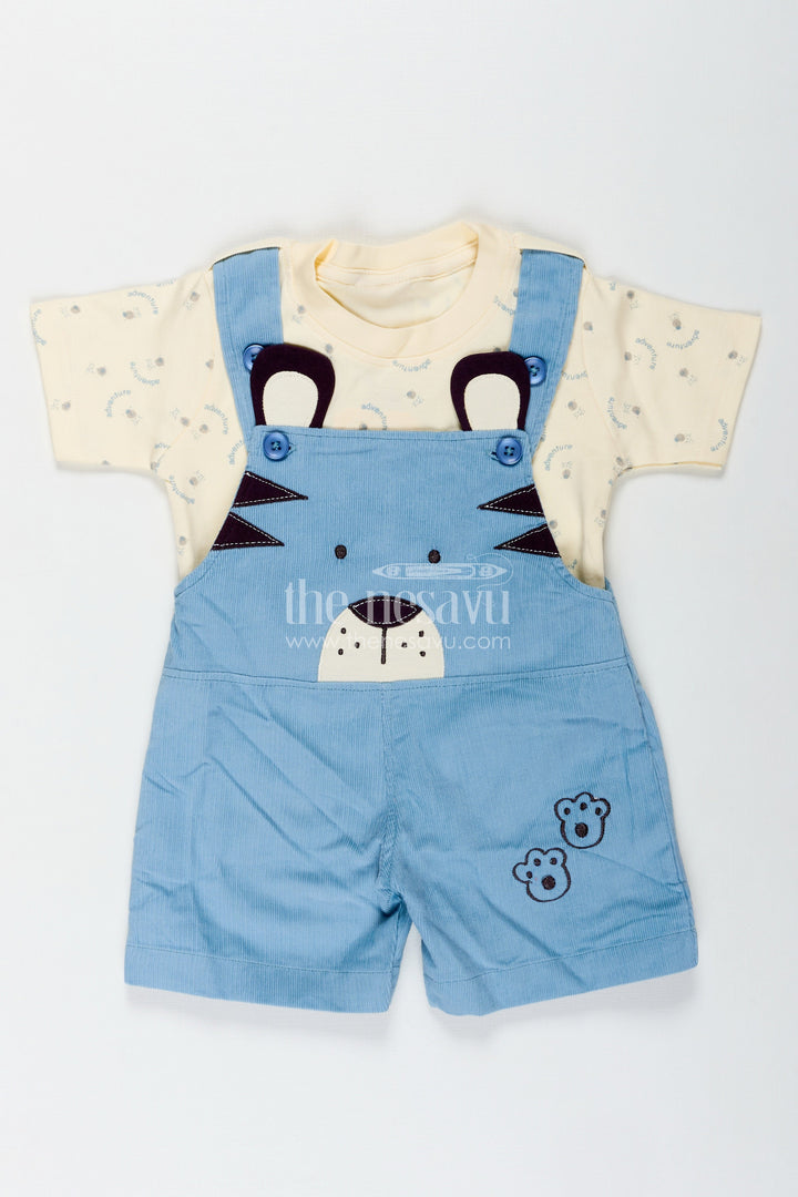 The Nesavu Boys Casual Set Blue Dungaree for Baby Boys with Animal Face Embroidery and Light Yellow Adventure Tee Nesavu Nesavu Blue Dungaree Baby Boys Corduroy Overalls Adventure Print T-Shirt