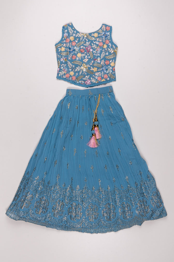 The Nesavu Girls Lehenga Choli Blue Enchantment: Lustrous Floral Sequin-Adorned Lehenga with Pleated Choli for Young Divas- Festive Collections 2023 Nesavu 24 (5Y) / Blue / Georgette GL373A-24 Festive Diwali Anarkali Outfits | Ethnic Anarkali Dresses Online Shopping | The Nesavu