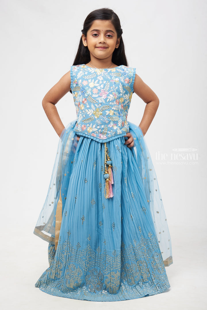 The Nesavu Girls Lehenga Choli Blue Enchantment: Lustrous Floral Sequin-Adorned Lehenga with Pleated Choli for Young Divas- Festive Collections 2023 Nesavu 24 (5Y) / Blue / Georgette GL373A-24 Festive Diwali Anarkali Outfits | Ethnic Anarkali Dresses Online Shopping | The Nesavu