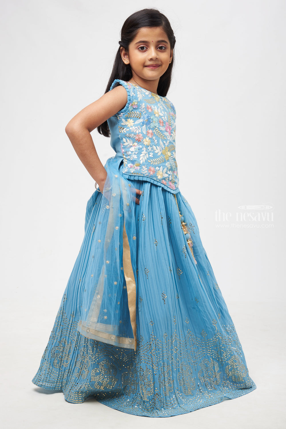 The Nesavu Girls Lehenga Choli Blue Enchantment: Lustrous Floral Sequin-Adorned Lehenga with Pleated Choli for Young Divas- Festive Collections 2023 Nesavu Festive Diwali Anarkali Outfits | Ethnic Anarkali Dresses Online Shopping | The Nesavu