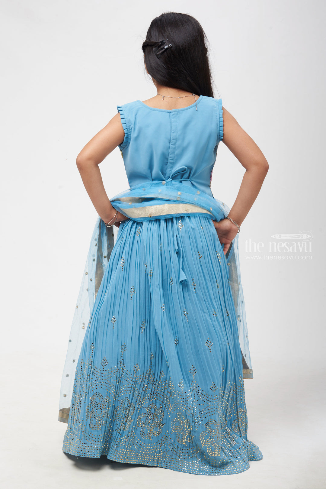 The Nesavu Girls Lehenga Choli Blue Enchantment: Lustrous Floral Sequin-Adorned Lehenga with Pleated Choli for Young Divas- Festive Collections 2023 Nesavu Festive Diwali Anarkali Outfits | Ethnic Anarkali Dresses Online Shopping | The Nesavu