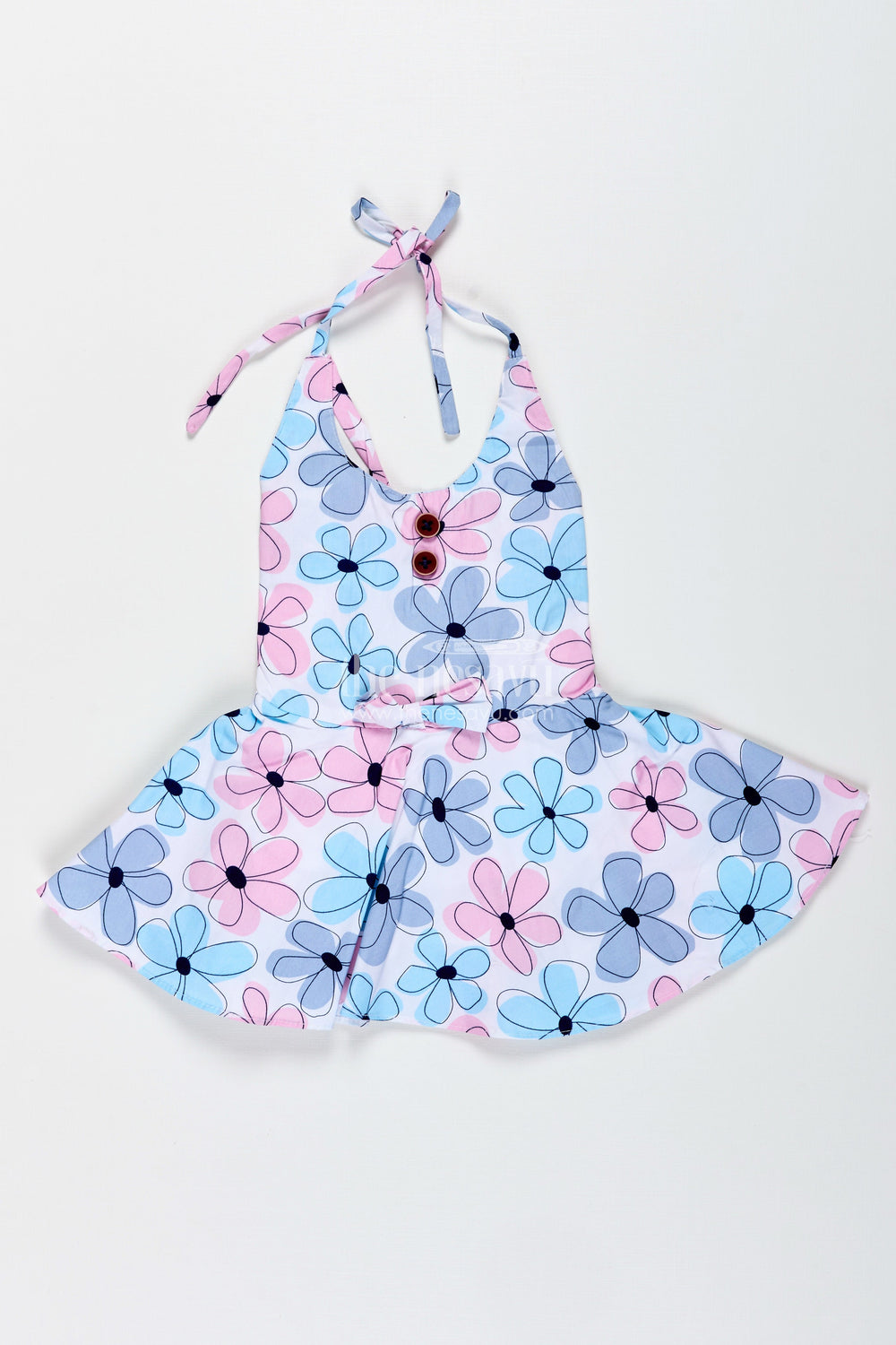 The Nesavu Girls Cotton Frock Blue Floral Cotton Frock for Baby Girls with Halter Neck Nesavu 16 (1Y) / Blue GFC1886A-16 Nesavu Blue Floral Cotton Frock Baby Girls Sleeveless Dress Summer Fun