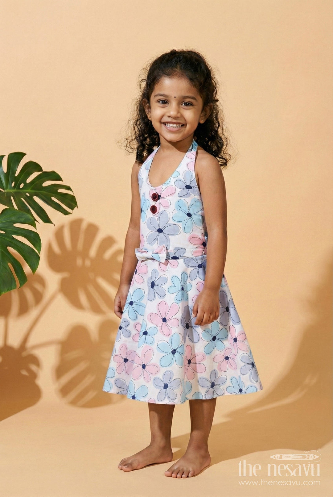 The Nesavu Girls Cotton Frock Blue Floral Cotton Frock for Baby Girls with Halter Neck Nesavu 16 (1Y) / Blue GFC1886A-16 Nesavu Blue Floral Cotton Frock Baby Girls Sleeveless Dress Summer Fun