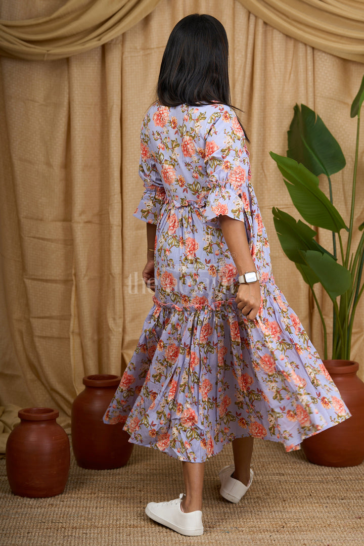The Nesavu Womens Flared Kurthas Blue Floral Cotton Maxi Dress with Ruffled Sleeves and Striped Pattern Nesavu Nesavu Blue Cotton Maxi Dress Ruffled Sleeves Floral Inner Lining