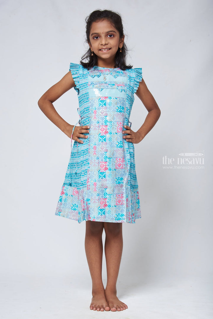 The Nesavu Girls Cotton Frock Blue Geometric A-line Frock - Trendy Girls Cotton Dress Nesavu 22 (4Y) / Blue / Chanderi GFC1111A-22 Frocks Cotton Dresses | Daily Use Cotton Frock | The Nesavu