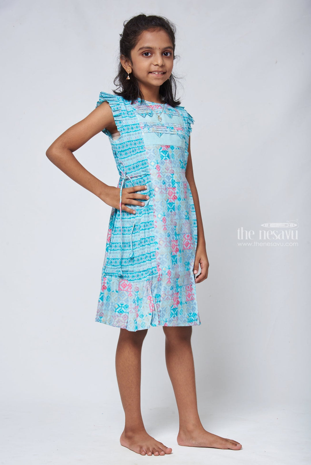 The Nesavu Girls Cotton Frock Blue Geometric A-line Frock - Trendy Girls Cotton Dress Nesavu Frocks Cotton Dresses | Daily Use Cotton Frock | The Nesavu