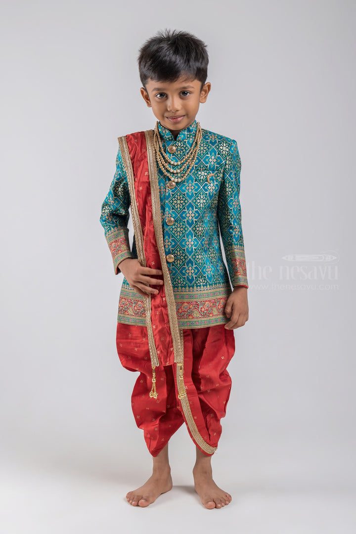 The Nesavu Boys Sherwani Blue Geometrical Foil Printed Ethnic Kurta with Red Dhoti and Beige Pant for Boys psr silks Nesavu 14 (6M) / Blue / Viscose BES349B