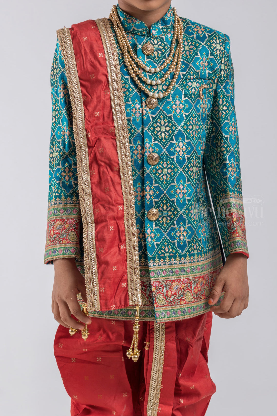 The Nesavu Boys Sherwani Blue Geometrical Foil Printed Ethnic Kurta with Red Dhoti and Beige Pant for Boys psr silks Nesavu