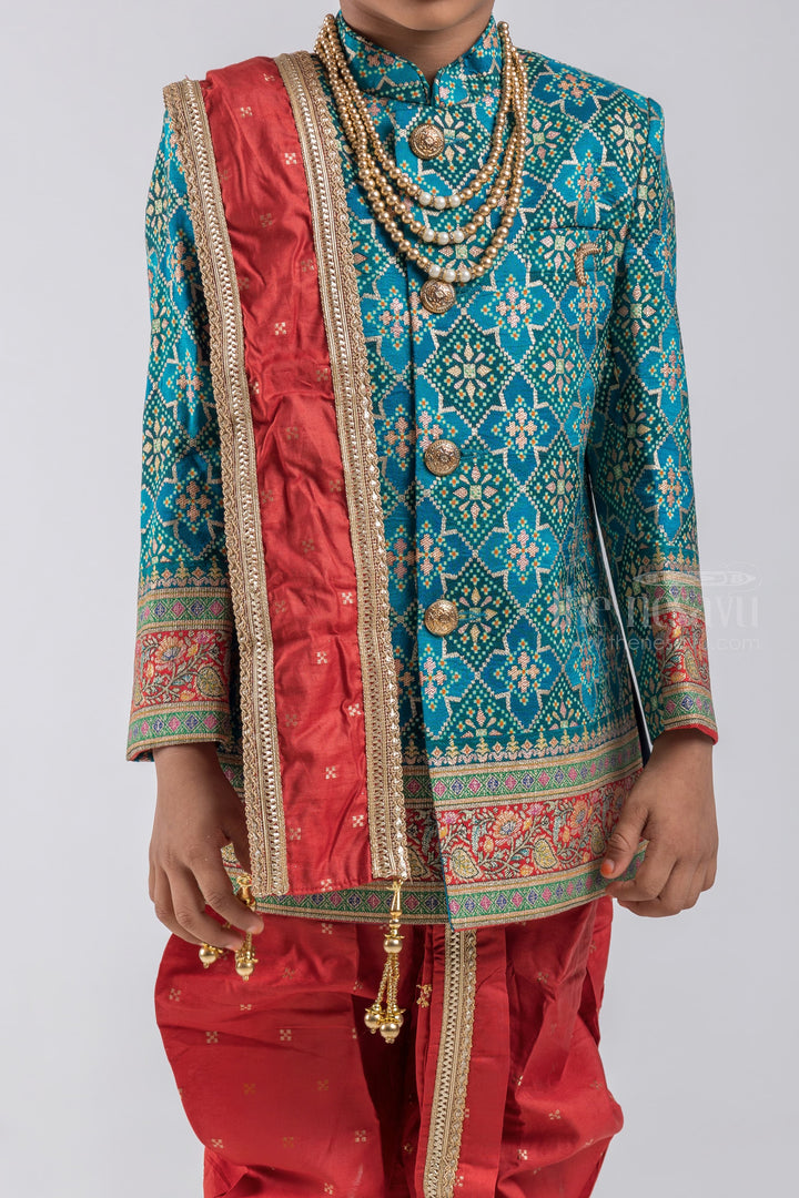 The Nesavu Boys Sherwani Blue Geometrical Foil Printed Ethnic Kurta with Red Dhoti and Beige Pant for Boys psr silks Nesavu