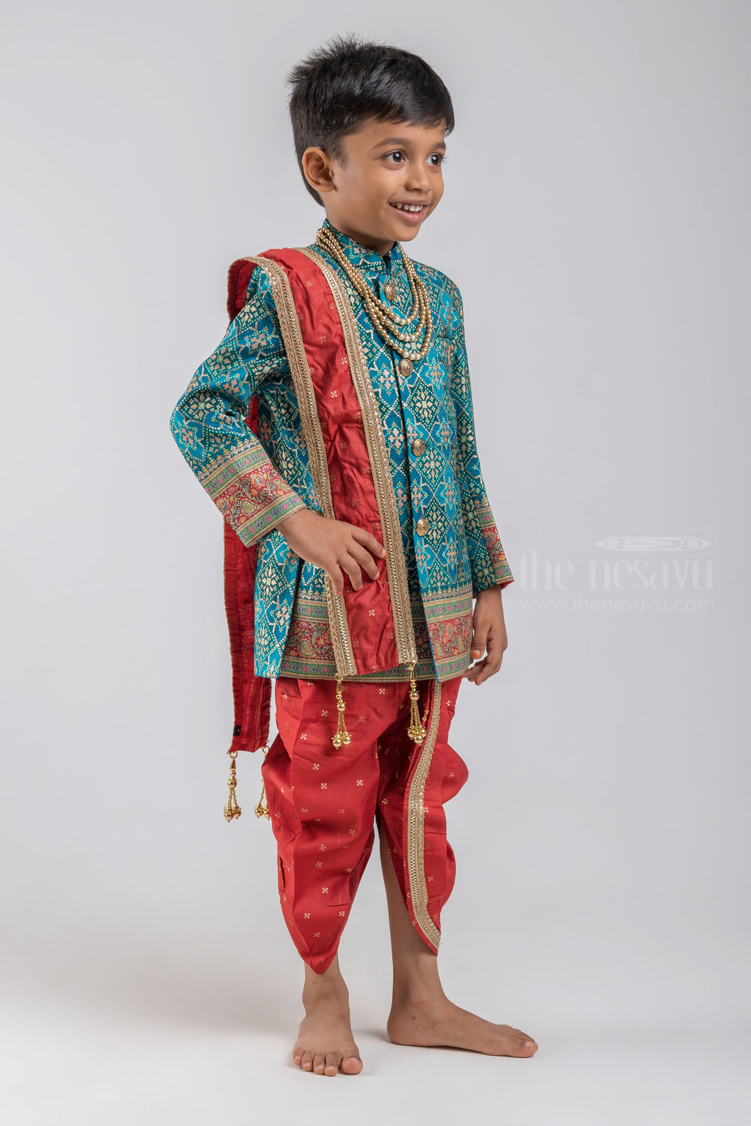 The Nesavu Boys Sherwani Blue Geometrical Foil Printed Ethnic Kurta with Red Dhoti and Beige Pant for Boys psr silks Nesavu
