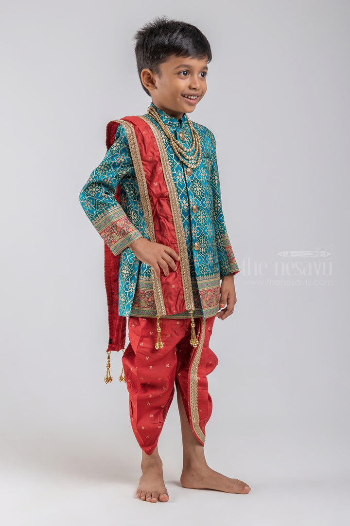 The Nesavu Boys Sherwani Blue Geometrical Foil Printed Ethnic Kurta with Red Dhoti and Beige Pant for Boys psr silks Nesavu
