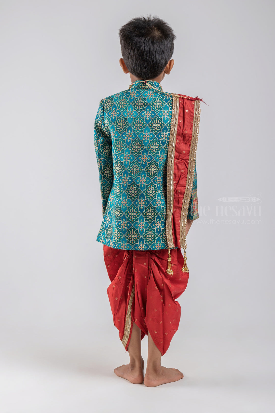 The Nesavu Boys Sherwani Blue Geometrical Foil Printed Ethnic Kurta with Red Dhoti and Beige Pant for Boys psr silks Nesavu