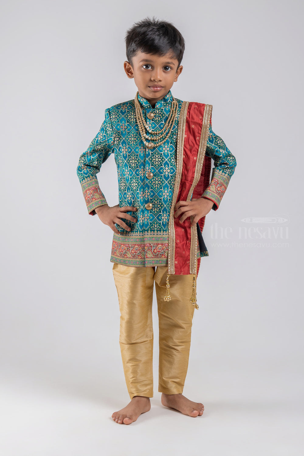 The Nesavu Boys Sherwani Blue Geometrical Foil Printed Ethnic Kurta with Red Dhoti and Beige Pant for Boys psr silks Nesavu