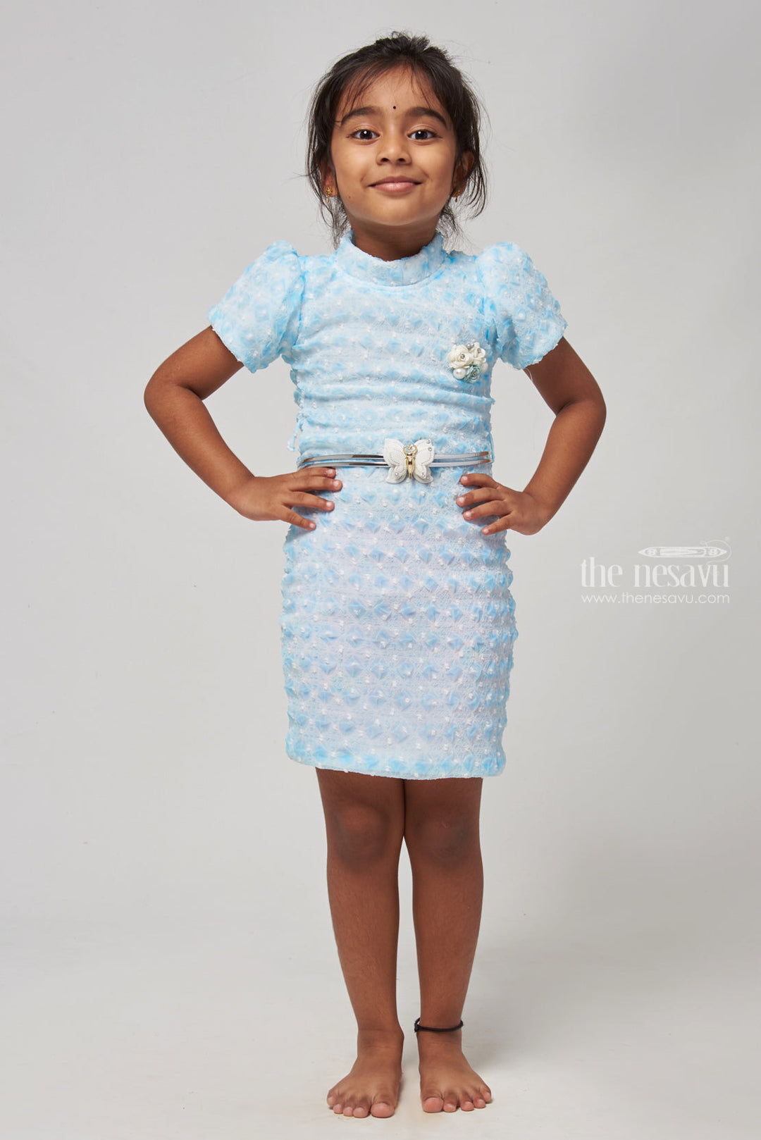 The Nesavu Baby Frock / Jhabla Blue Lucknow Chikan - Exquisite High Neck Dress for Babies Nesavu 18 (2Y) / Blue BFJ431A-18 Baby Fancy Frock Collection | Baby Dress Online | The Nesavu