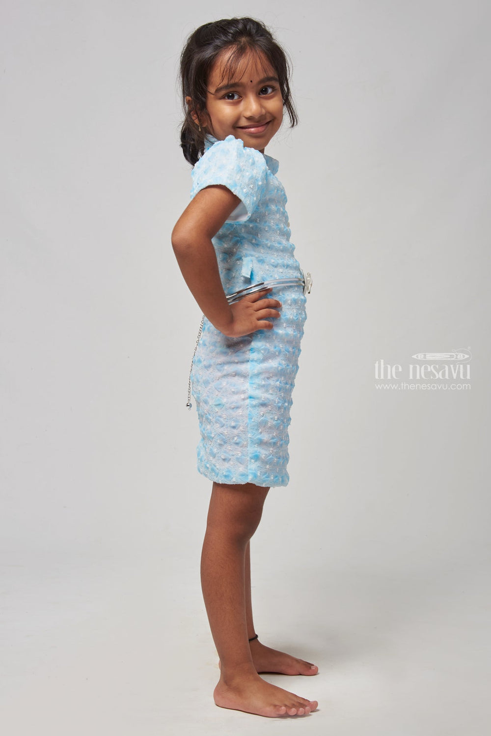 The Nesavu Baby Frock / Jhabla Blue Lucknow Chikan - Exquisite High Neck Dress for Babies Nesavu Baby Fancy Frock Collection | Baby Dress Online | The Nesavu